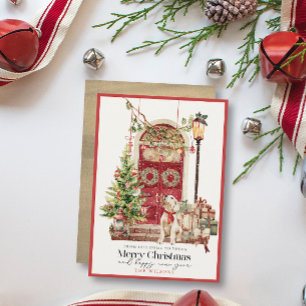 Tarjeta Festiva Puerta roja nuestro hogar para tus Navidades de pe