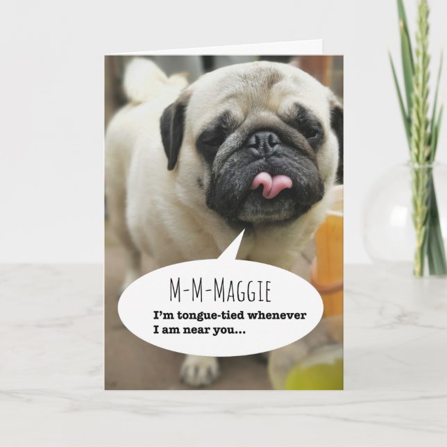 Tarjeta Festiva Pug atado a la lengua de San Valentín (Anverso)