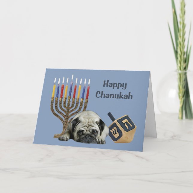Tarjeta Festiva Pug Chanukah Card Menorah Dreidel (Anverso)