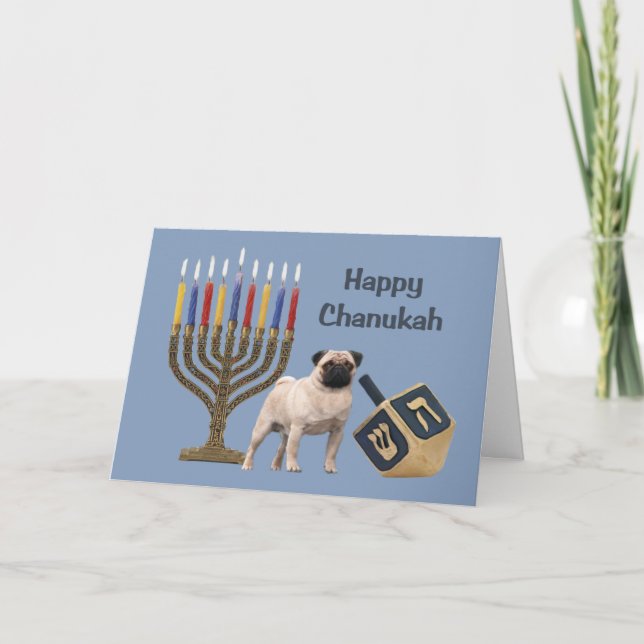 Tarjeta Festiva Pug Chanukah Card Menorah Dreidel (Anverso)