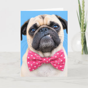 Tarjeta Festiva Pug con lazo rosa