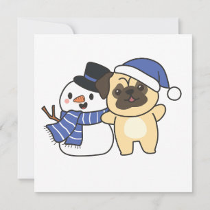 Tarjeta Festiva Pug Con Snowman En Invierno Para Navidades