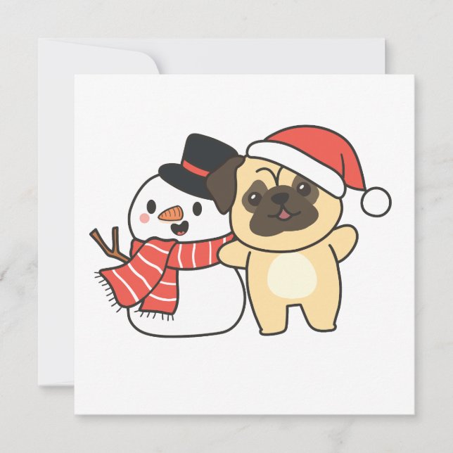 Tarjeta Festiva Pug Con Snowman En Invierno Para Navidades Feriado (Anverso)