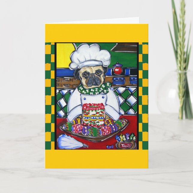 Tarjeta Festiva Pug de Chef de Pascua (Anverso)
