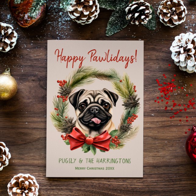 Tarjeta Festiva Pug Dog Navidades Felices Pawlidays Howlidays (Subido por el creador)