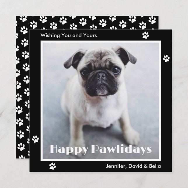 Tarjeta Festiva Pug Dog Paw Prints Pet Photo Black Holiday Card (Anverso / Reverso)