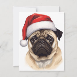 Tarjeta Festiva Pug Dog Santa Hat Merry Christmas Art