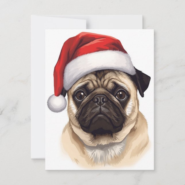 Tarjeta Festiva Pug Dog Santa Hat Merry Christmas Art (Anverso)