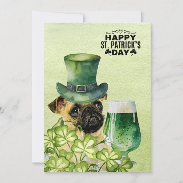 Tarjeta Festiva PuG Dog St. Patrick's Day con Gorra y cerveza (Anverso)
