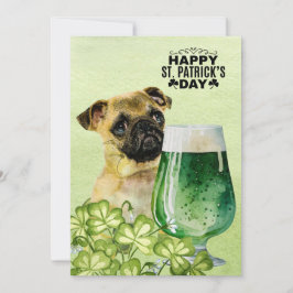 Tarjeta Festiva PuG Dog St. Patrick's Day con Gorra y cerveza