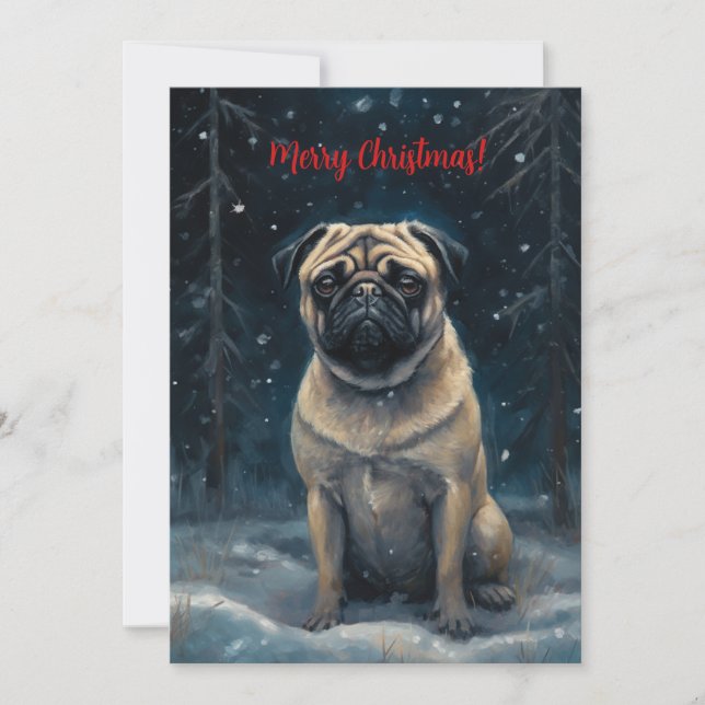Tarjeta Festiva Pug En Navidades De Acuarela De Nieve (Anverso)