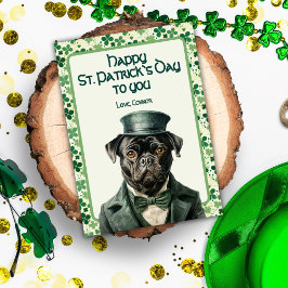 Tarjeta Festiva Pug en verde, suerte de invisibles patronos