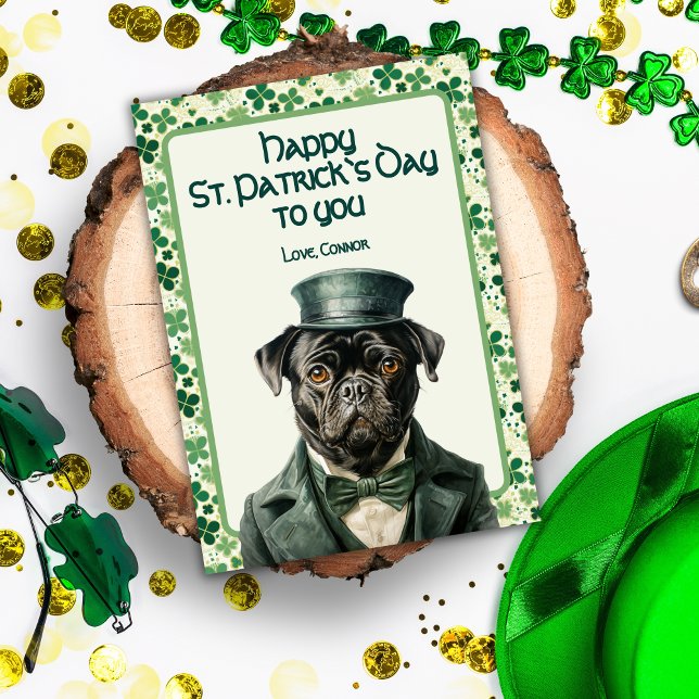 Tarjeta Festiva Pug en verde, suerte de invisibles patronos (Subido por el creador)