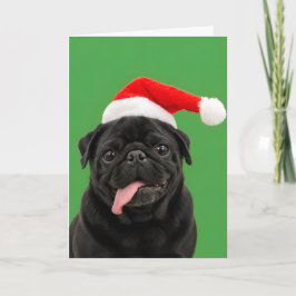 Tarjeta Festiva Pug Negro Divertido Sombrero de Santa Lengua Fuera