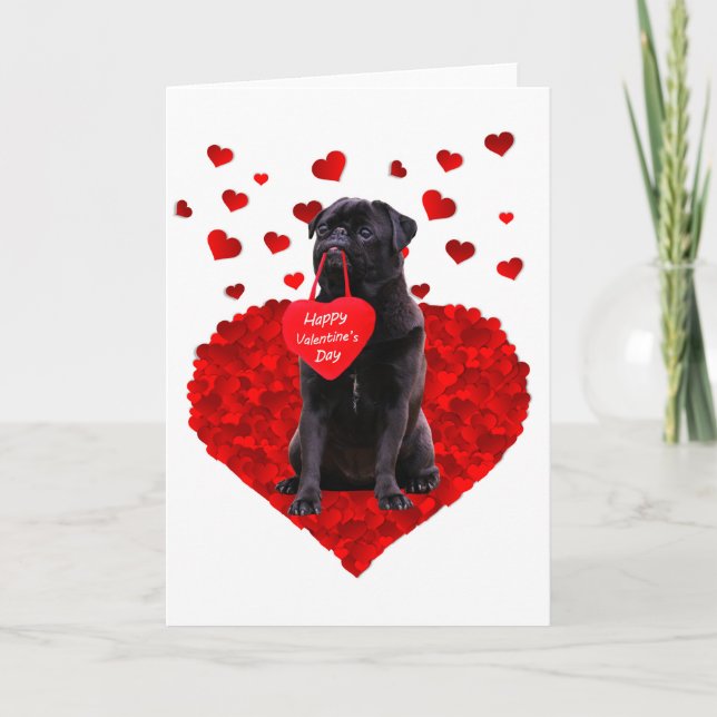 Tarjeta Festiva Pug negro lindo deseando feliz día de San Valentín (Anverso)