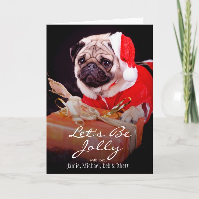 Tarjeta Festiva Pug usando un sombrero de Santa (Anverso)