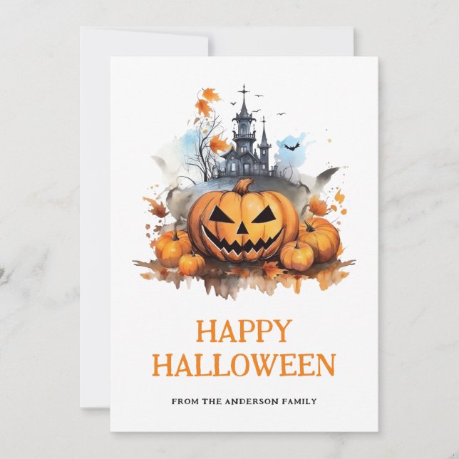Tarjeta Festiva Pumpkins Bats Haunsion Mansion Happy Halloween (Anverso)