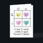Tarjeta Festiva Punnett Square Valentine Biology Science Nerd Chem<br><div class="desc">Cuadrado de Punnett con temática de San Valentín que se usa en biología para determinar la genética de la próxima generación. Aquí los alelos son Uu e Ii (tú y yo) con corazones. El texto editable dice "U y yo haríamos una buena Plaza Punnett". El texto editable dentro de la...</div>