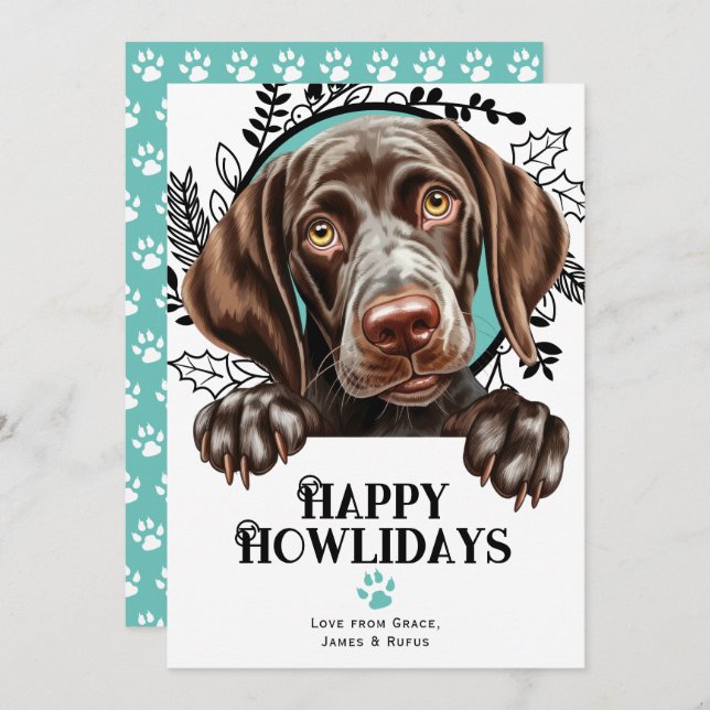 Tarjeta Festiva Puntero de Happy Howlidays German Shorthal (Anverso / Reverso)