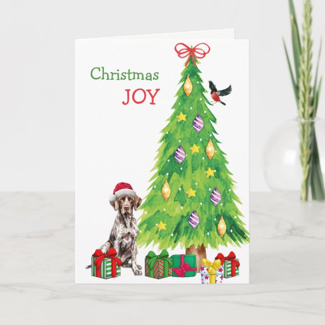 Tarjeta Festiva Puntero de Shorthair alemán, pájaro y árbol de Nav (Anverso)