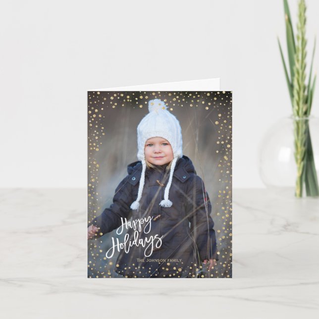 Tarjeta Festiva Punto dorado moderno con letras blancas Felices Fi (Anverso)