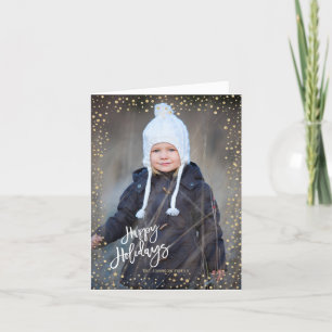 Tarjeta Festiva Punto dorado moderno con letras blancas Felices Fi