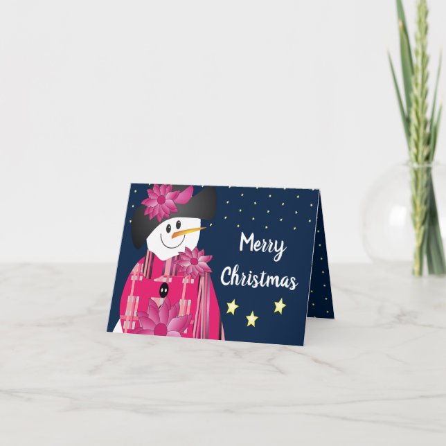 Tarjeta Festiva Punto Rosa Y Polka Snowman (Anverso)