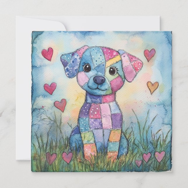 Tarjeta Festiva Puppy de Patchwork del Día de San Valentín (Anverso)