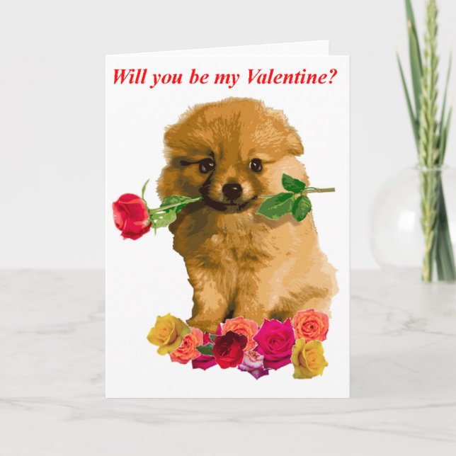 Tarjeta Festiva Puppy Pomerania Sean Mis Rosas De San Valentín (Anverso)