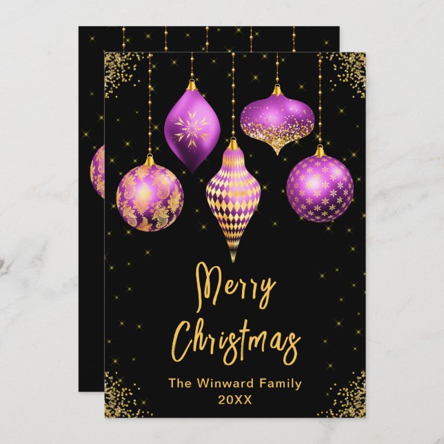 Tarjeta Festiva Purple and Gold Ornaments Merry Christmas (Anverso / Reverso)