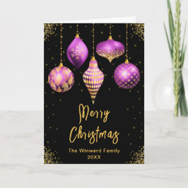 Tarjeta Festiva Purple and Gold Ornaments Merry Christmas