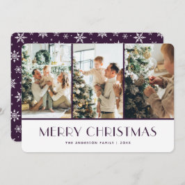 Tarjeta Festiva Purple and White Snowflakes Photo Christmas Card