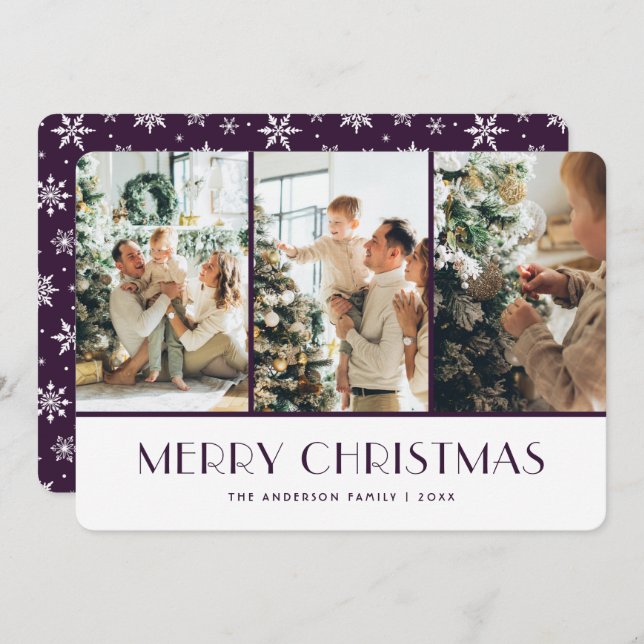 Tarjeta Festiva Purple and White Snowflakes Photo Christmas Card (Anverso / Reverso)
