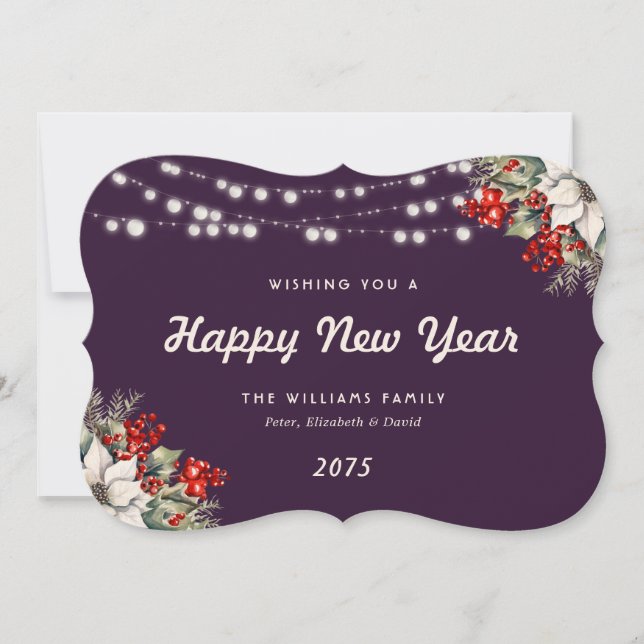 Tarjeta Festiva Purple Botanical String Lights New Year Card (Anverso)