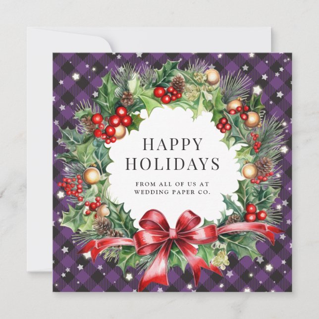Tarjeta Festiva Purple Buffalo Plaid Stars Berries Holly Business (Anverso)