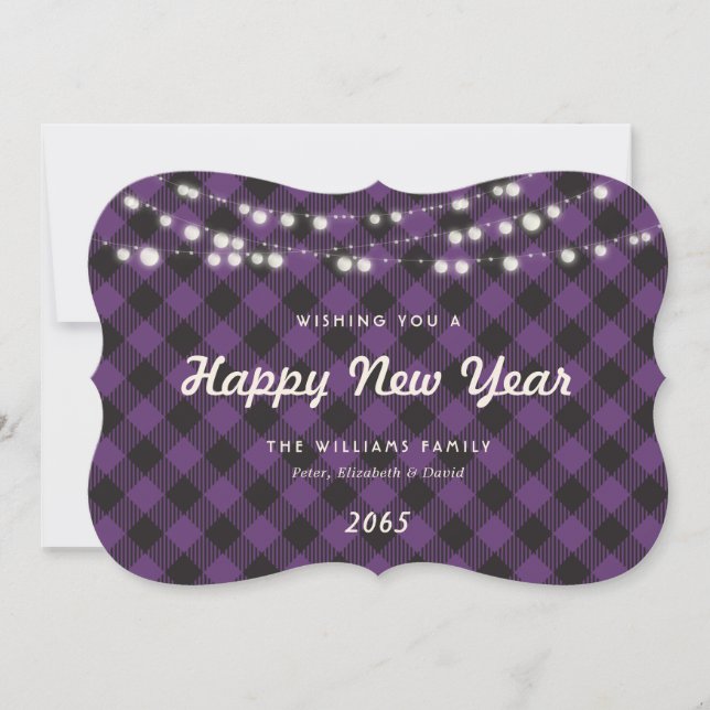 Tarjeta Festiva Purple Buffalo Plaid String Lights New Year Card (Anverso)