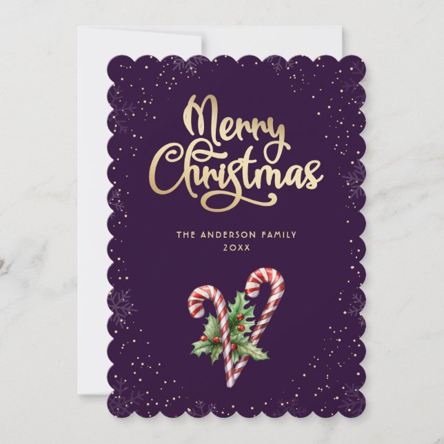 Tarjeta Festiva Purple Candy Cane Holly Berries Christmas (Anverso)