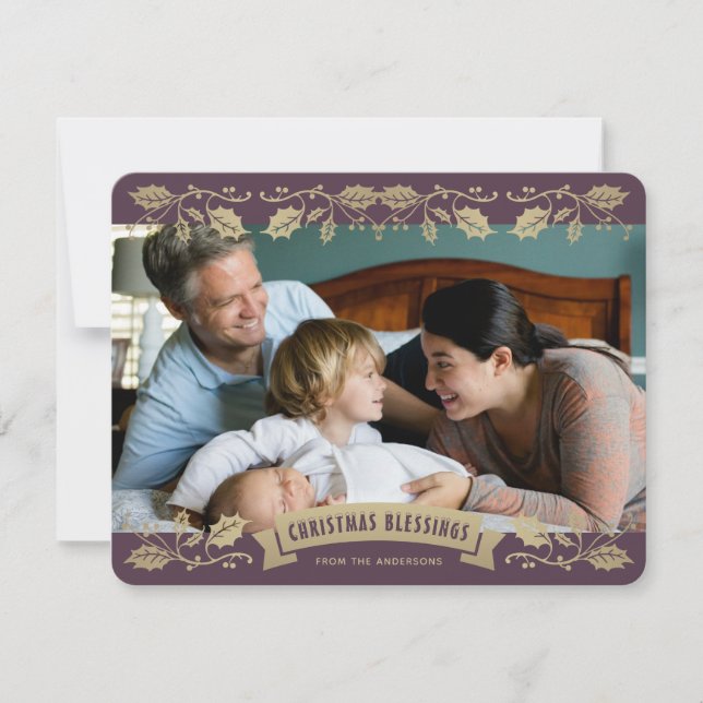 Tarjeta Festiva Purple Christmas Blessings Holly Berries Photo (Anverso)
