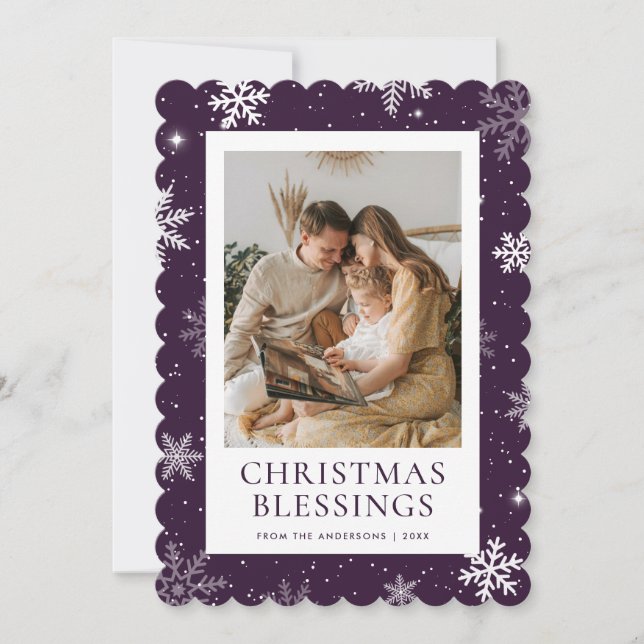 Tarjeta Festiva Purple Christmas Blessings Snowflake Photo (Anverso)