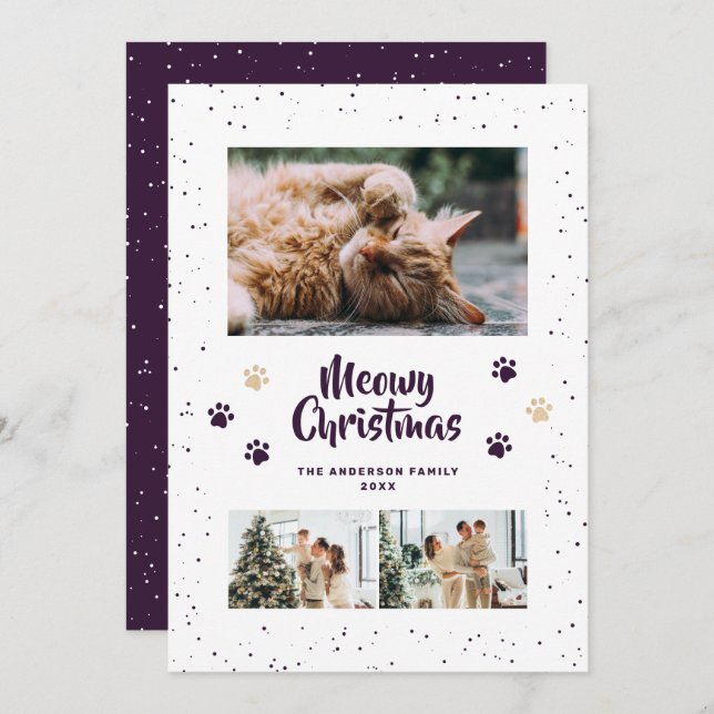 Tarjeta Festiva Purple Cute Meowy Christmas Snow Photo (Anverso / Reverso)