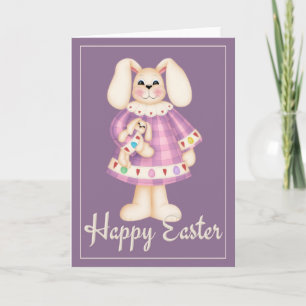 Tarjeta Festiva Purple Easter Bunny Chica d3 vacaciones de Pascua