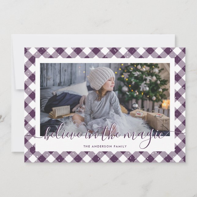 Tarjeta Festiva Purple Gingham Plaid cree en la foto mágica (Anverso)