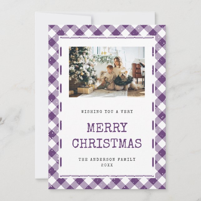Tarjeta Festiva Purple Gingham Snow Photo Merry Christmas Card (Anverso)