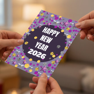 Tarjeta Festiva Purple Gold Confetti Stars New Years Card