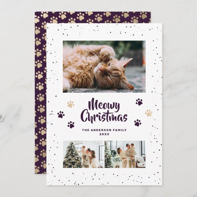Tarjeta Festiva Purple Gold Photo Snow Paws Meowy Christmas Card (Anverso / Reverso)