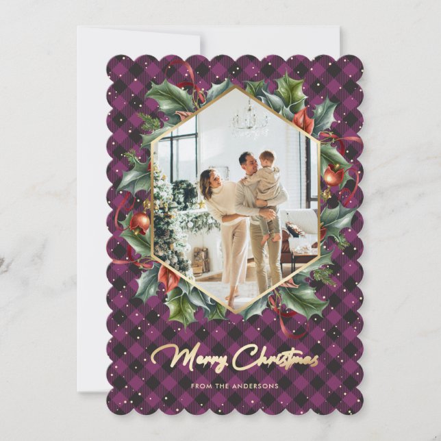 Tarjeta Festiva Purple Gold Plaid Holly Photo Merry Christmas Card (Anverso)