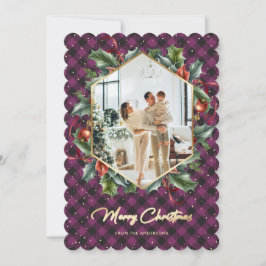 Tarjeta Festiva Purple Gold Plaid Holly Photo Merry Christmas Card