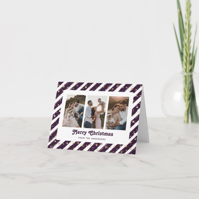 Tarjeta Festiva Purple Gold Stars 3 Photo Merry Christmas Card (Anverso)