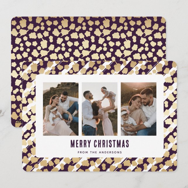 Tarjeta Festiva Purple Gold Stars 3 Photo Merry Christmas Card (Anverso / Reverso)