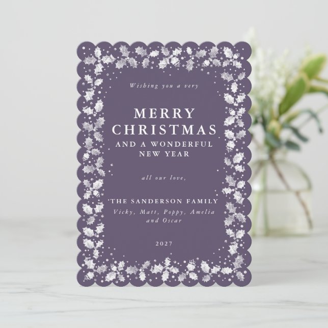 Tarjeta Festiva Purple Holly + Berry Border Flat No Photo (Anverso de pie)